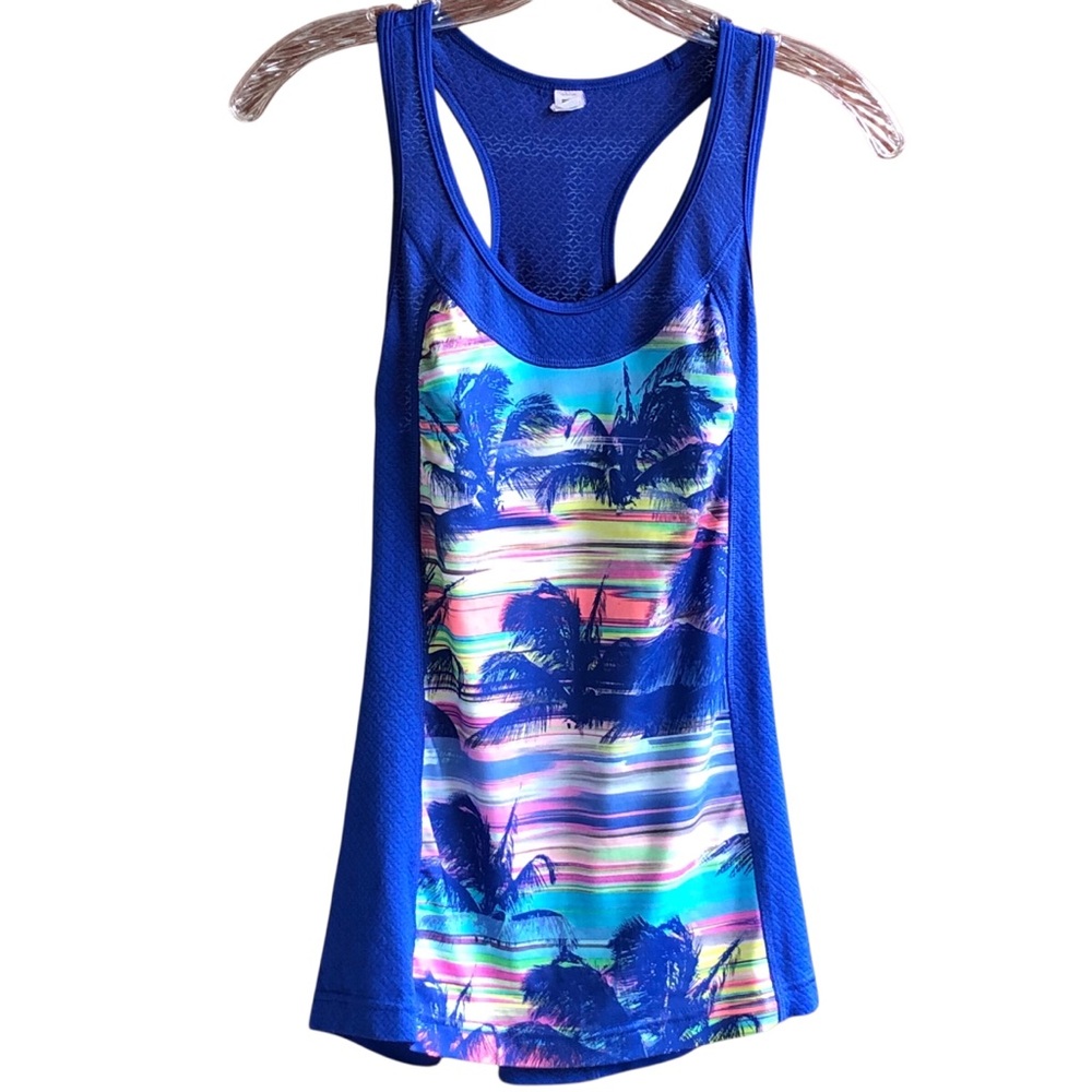 💜FILA womens XS racerback running tank top Dazzling Blue palm trees —#058 - Picture 2 of 9